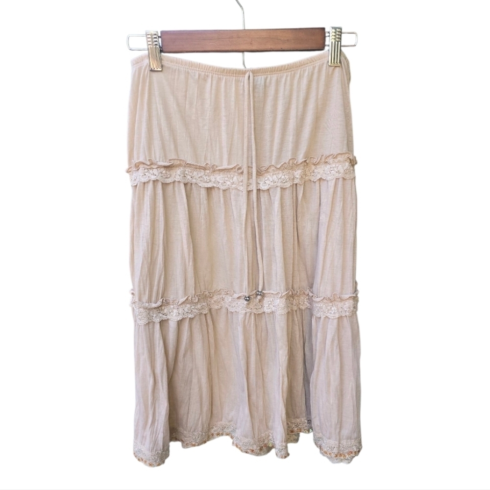 90s Y2k FANG Tan Tiered Lace Ruffled Sequined Boho Skirt - Picture 3 of 7